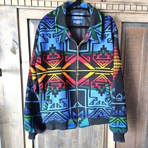 Vtg Pendleton Blue and Black Western Wear Aztec Southwestern Wool Bomber Jacket